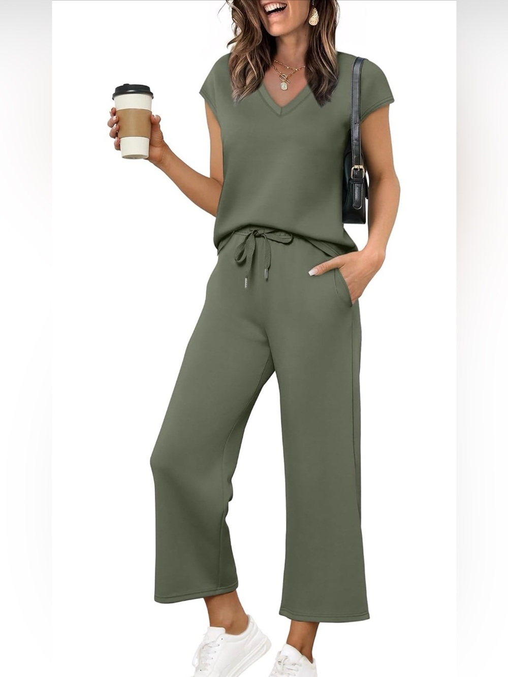 Travel set Olive Wide-Leg with Drawstring Waist